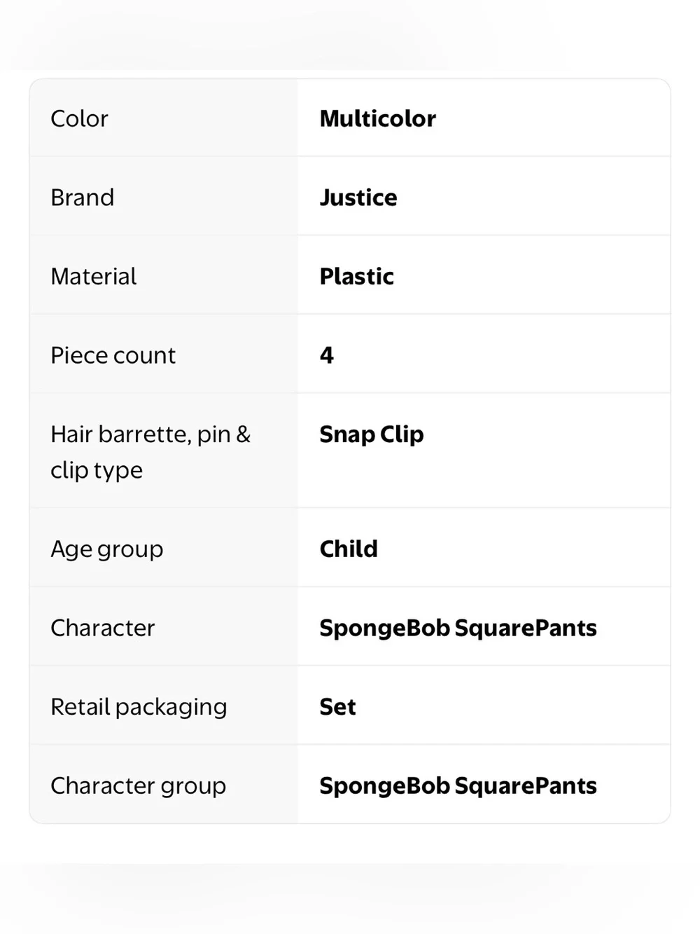 NWT Justice SpongeBob SquarePants Glitter Shaker Snap Hair Clips 4 Pack